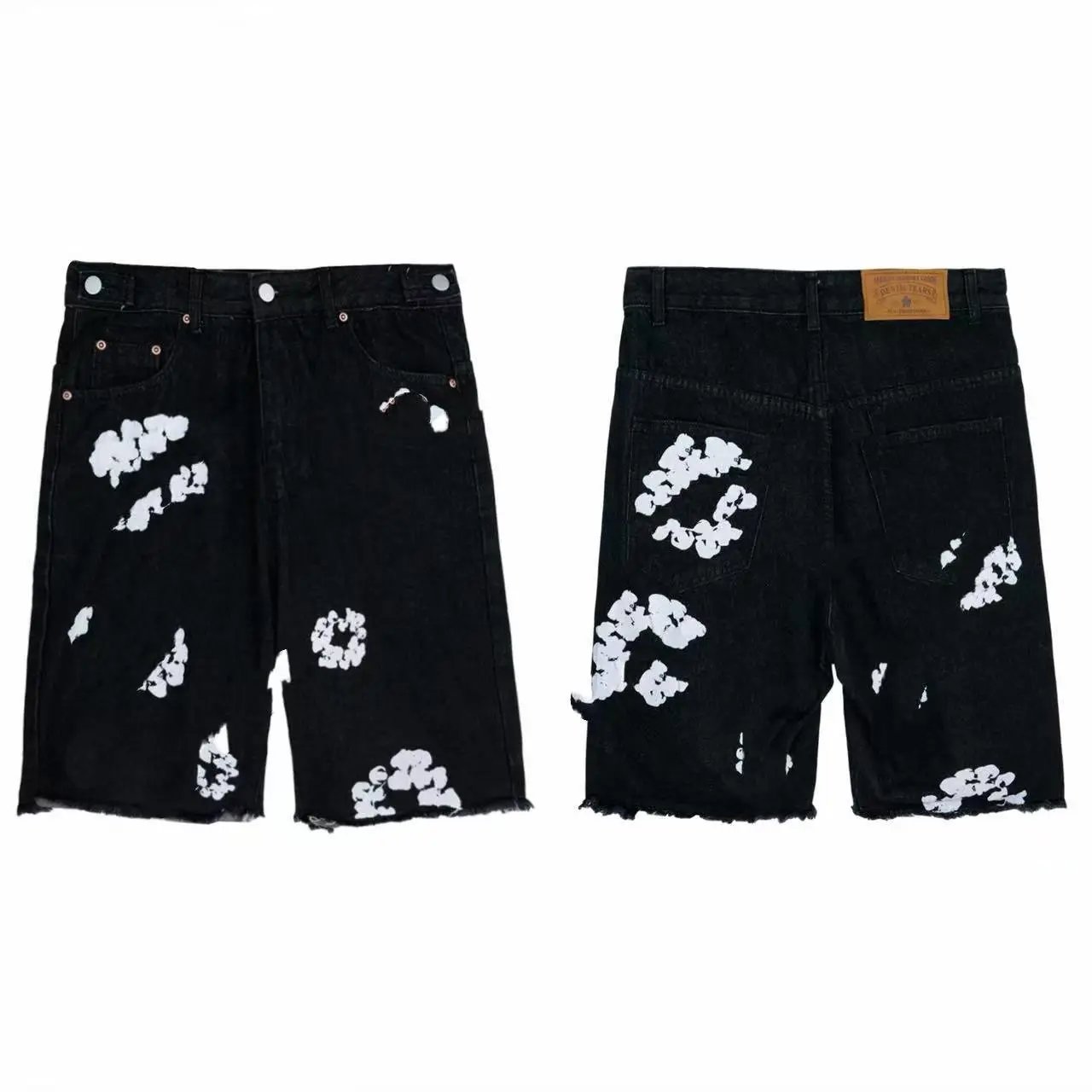 Design Abstract Ink Print White Denim Shorts - 5