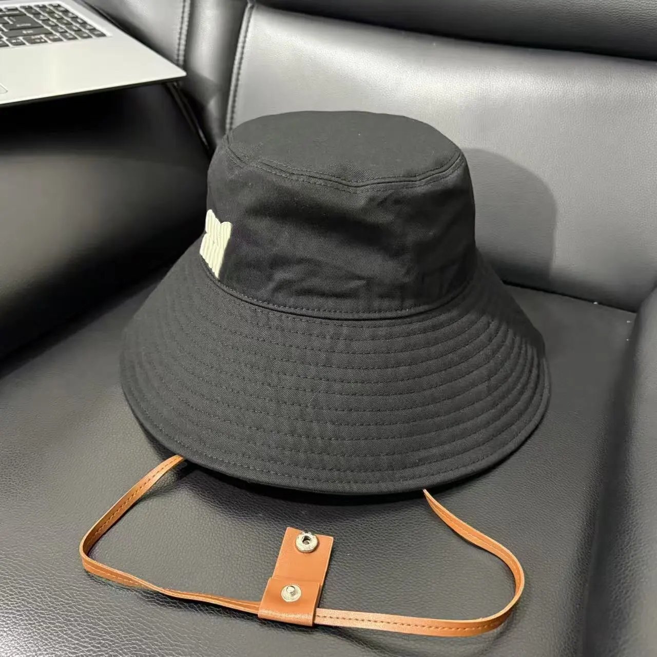 Design Beige Bucket Hat with Leather Strap and White Logo Patch Bucket Hat - 13