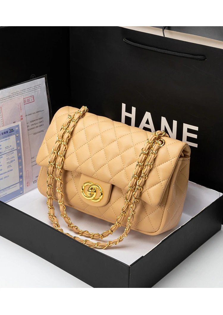 Chanel Shoulder Bags Quilted flap chain bag with interlocking CC turn-lock — Apricot round button