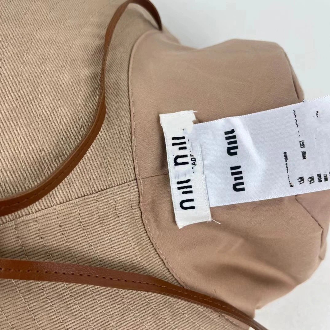 Design Beige Bucket Hat with Leather Strap and White Logo Patch Bucket Hat - 8