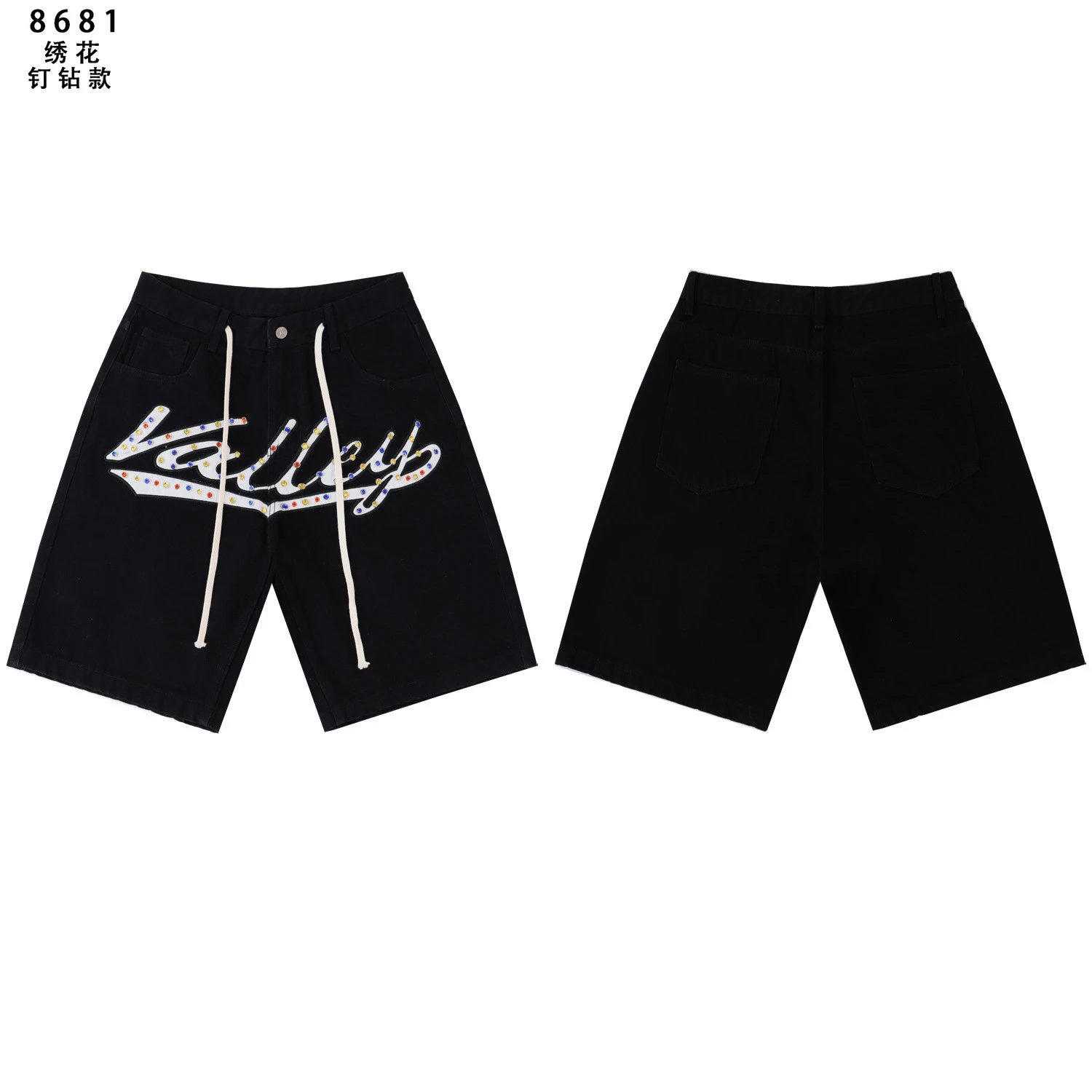 Design Valley Embroidered Rhinestone Logo Black Denim Shorts - 8