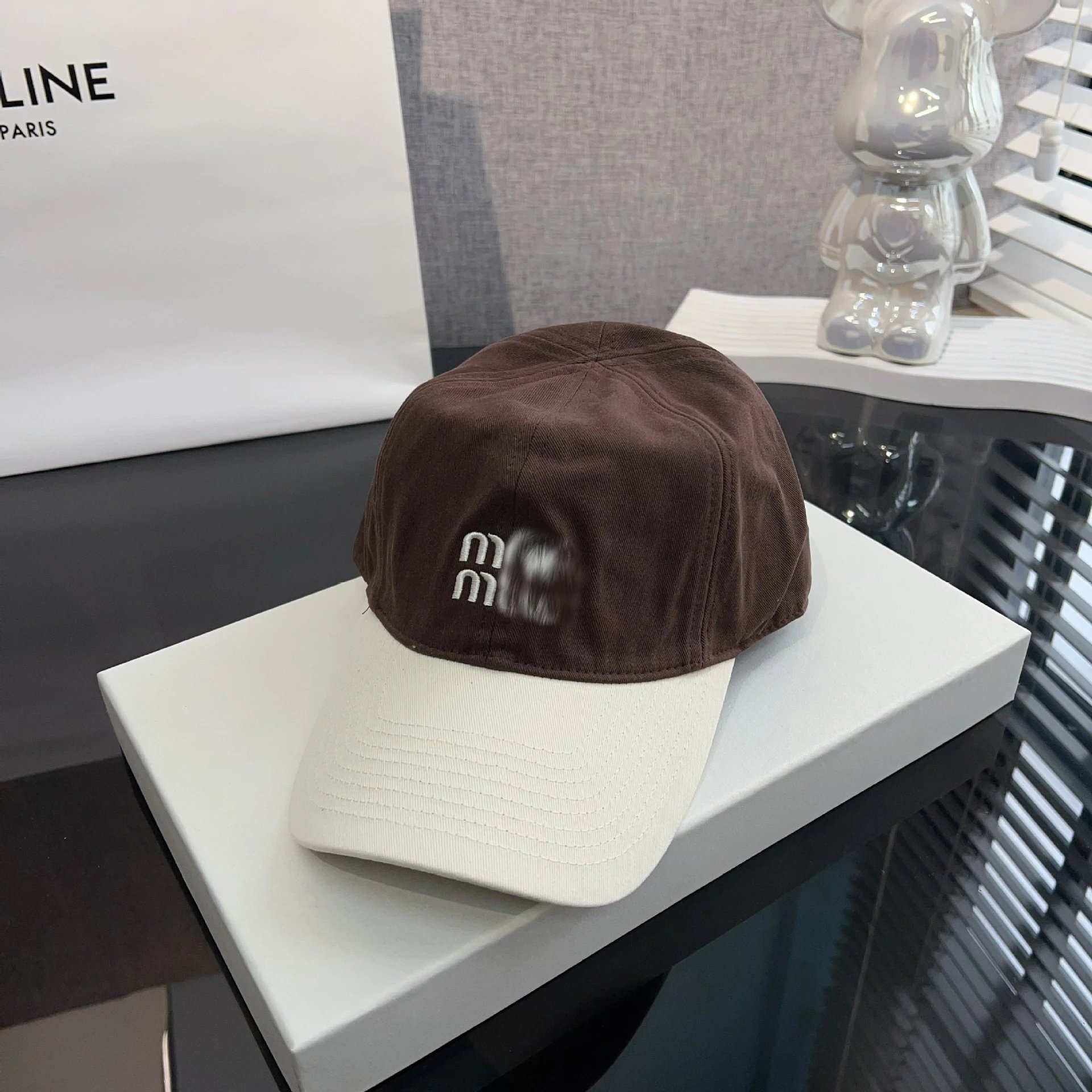 Celine Logo Patch Baseball Cap Navy and Beige - 7