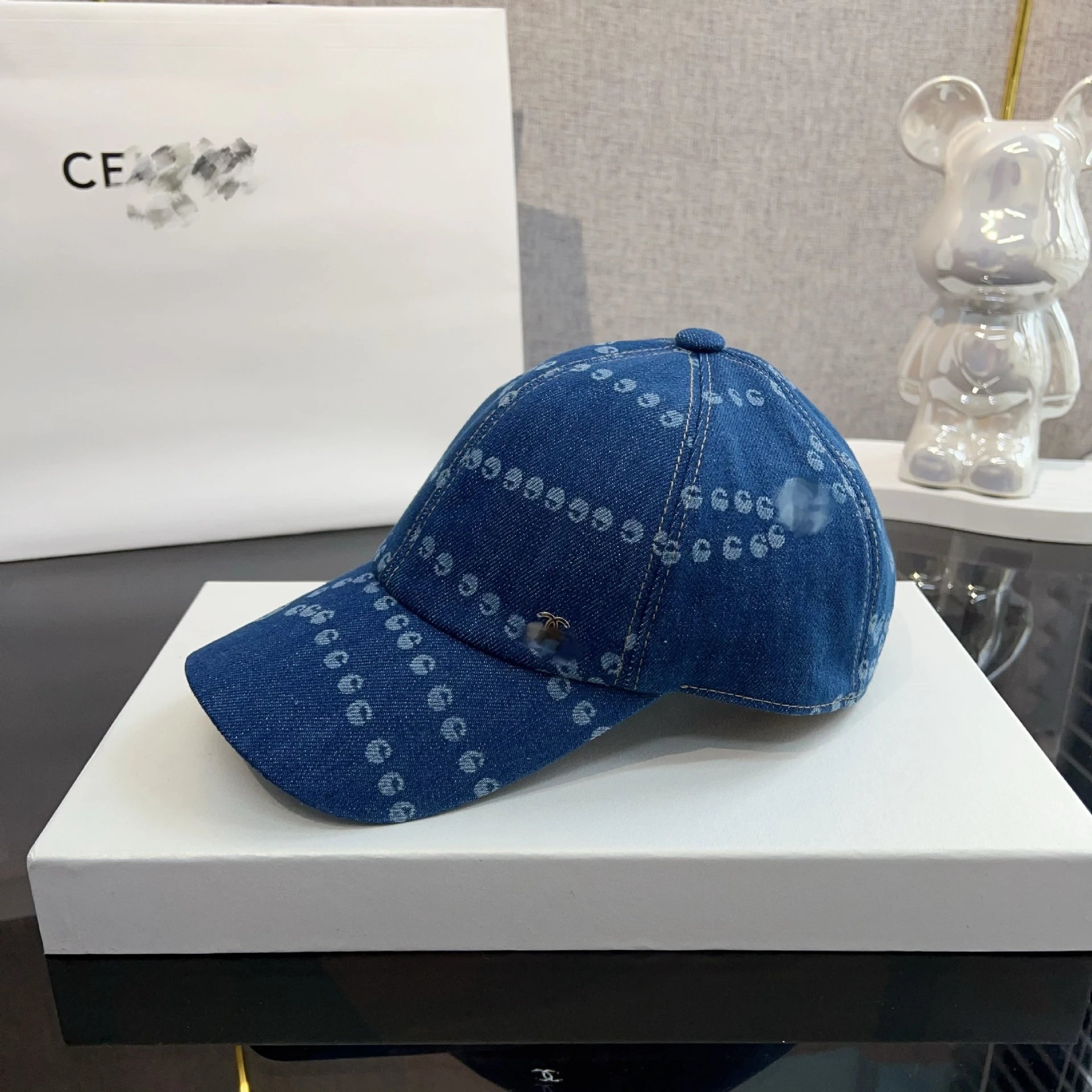 Chanel Denim Baseball Cap with CC Motif in Blue Hats - 9