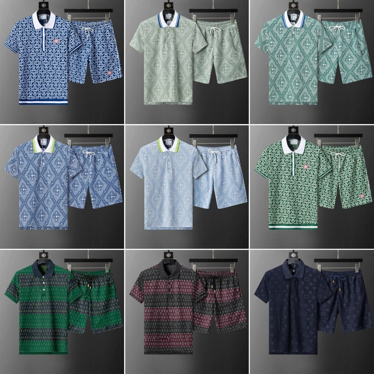 Design Patterned Polo Shirt and Shorts Set Navy Blue Casual Set - 3