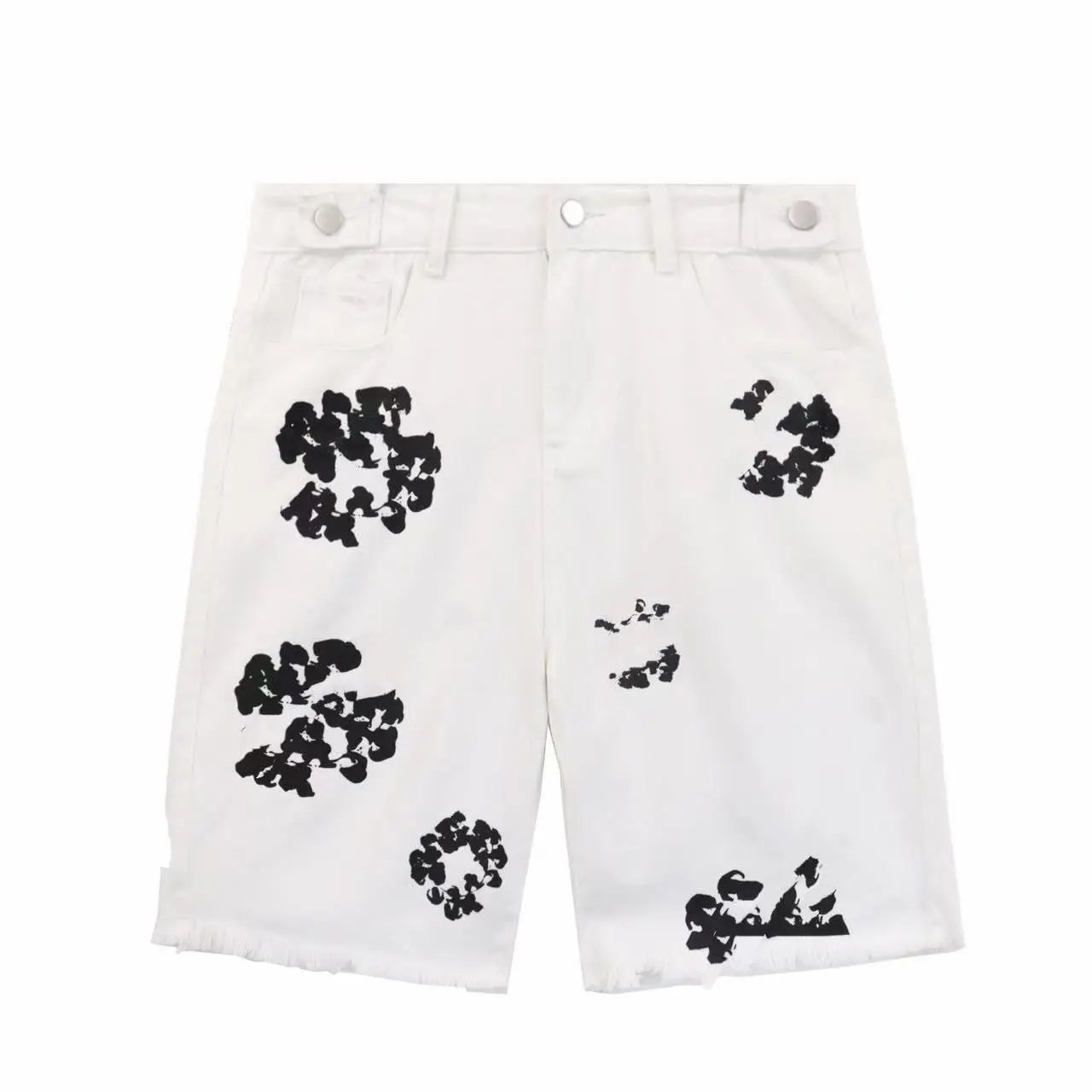 Design Abstract Ink Print White Denim Shorts - 6