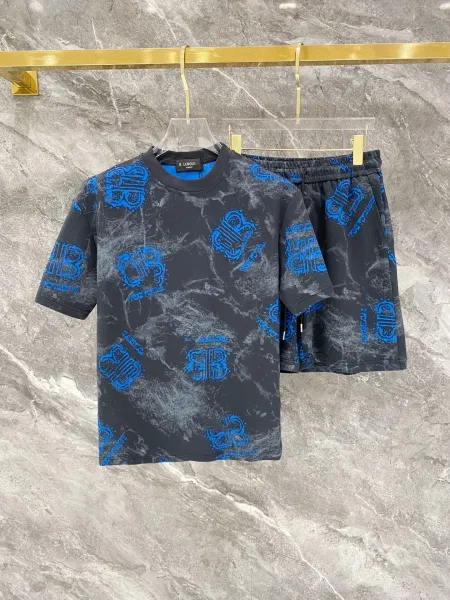 Balenciaga BB Logo Marble Print T-Shirt and Shorts Set Black / Blue - 1