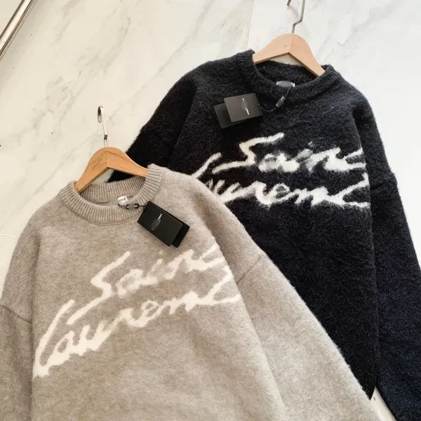 Saint Laurent Script Logo Gray Knit Sweater - 5