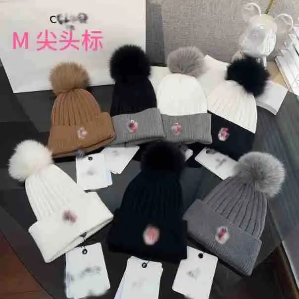 Design Two-Tone Ribbed Beanie with Fox Fur Pom-Pom Black / Gray Hat - 2