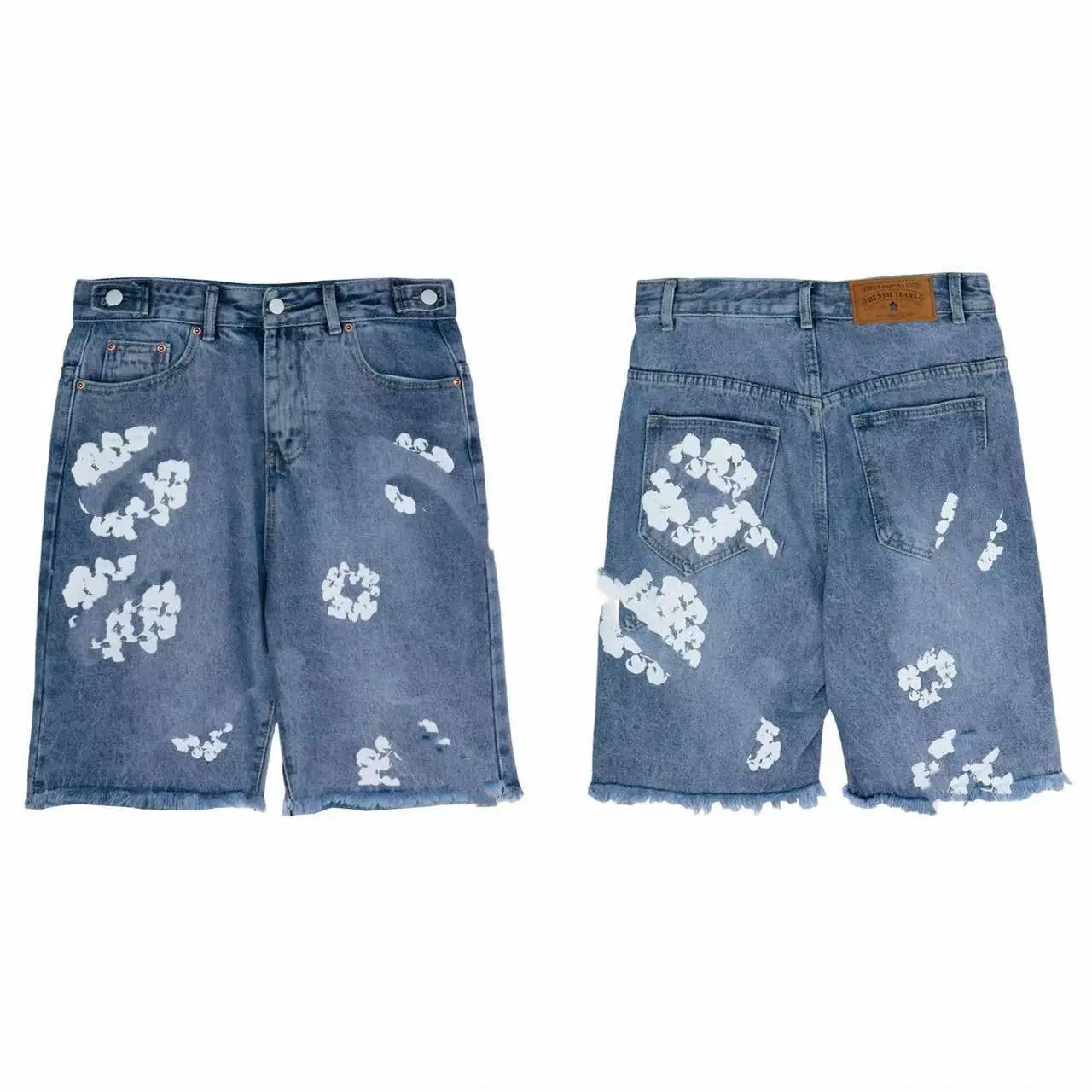 Design Abstract Ink Print White Denim Shorts - 4