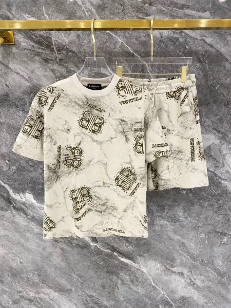 Balenciaga Marble Print BB Logo T-Shirt and Shorts Set Beige Multicolor - 1