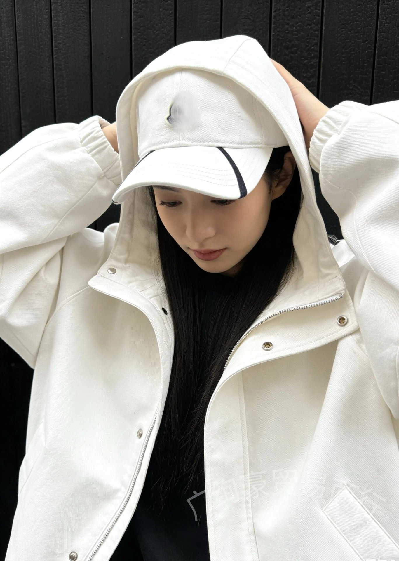 Design Hooded Windbreaker Jacket in Charcoal Gray with Baseball Cap Outerwear - 5