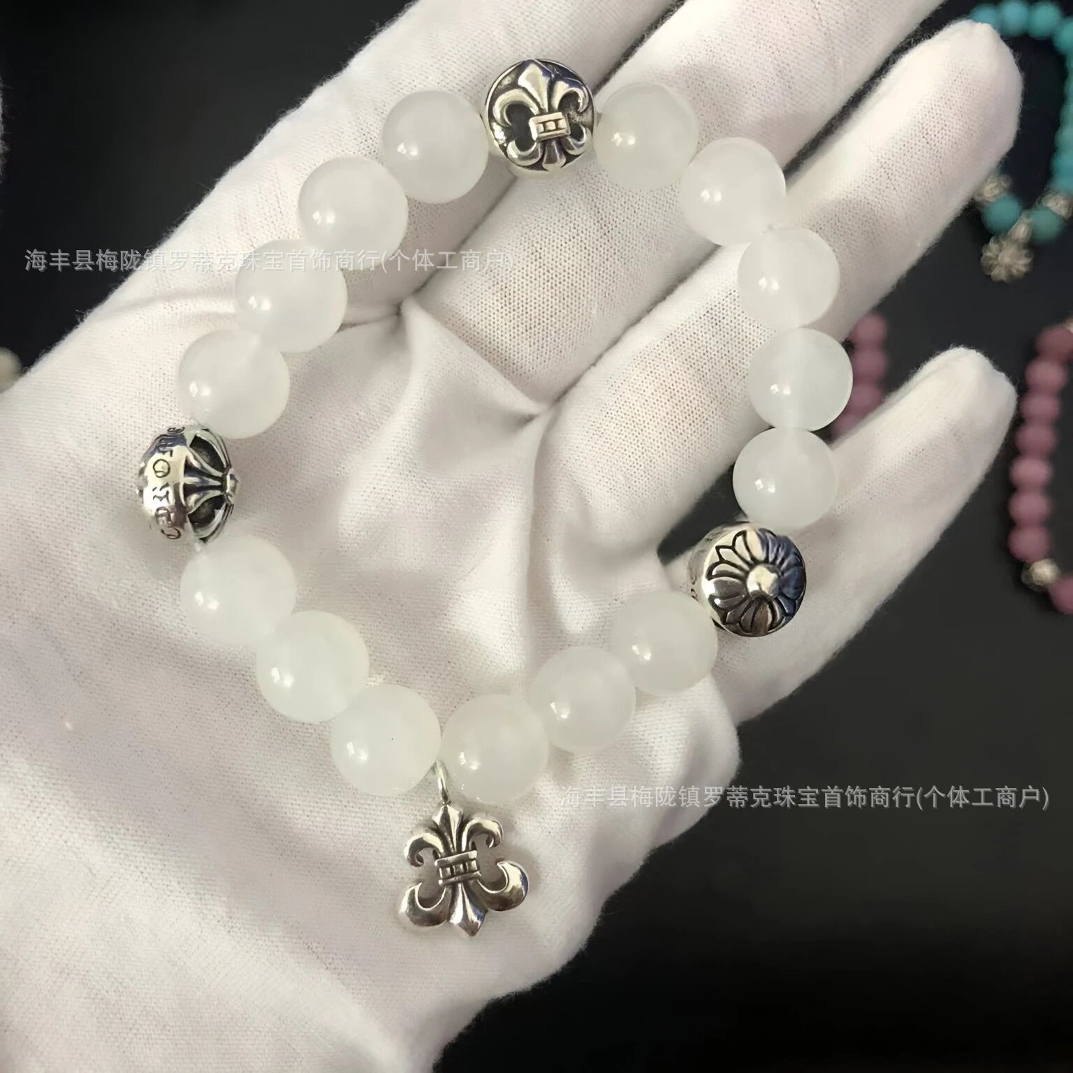 Design Handcrafted Pink Cat's Eye Stone Bracelet with Silver Floral Beads Bracelets Jewelry - 5
