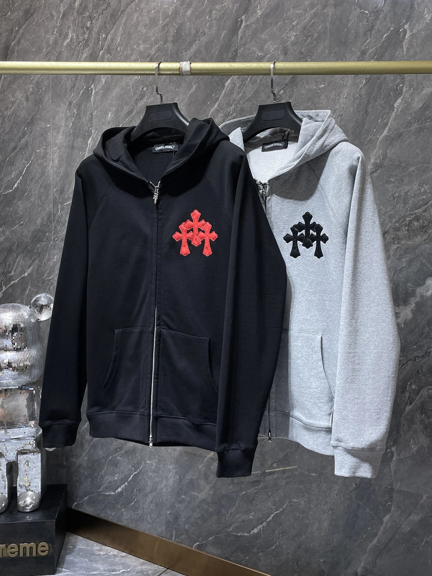 Design Hoodie White with Red Sleeve Logos - 96