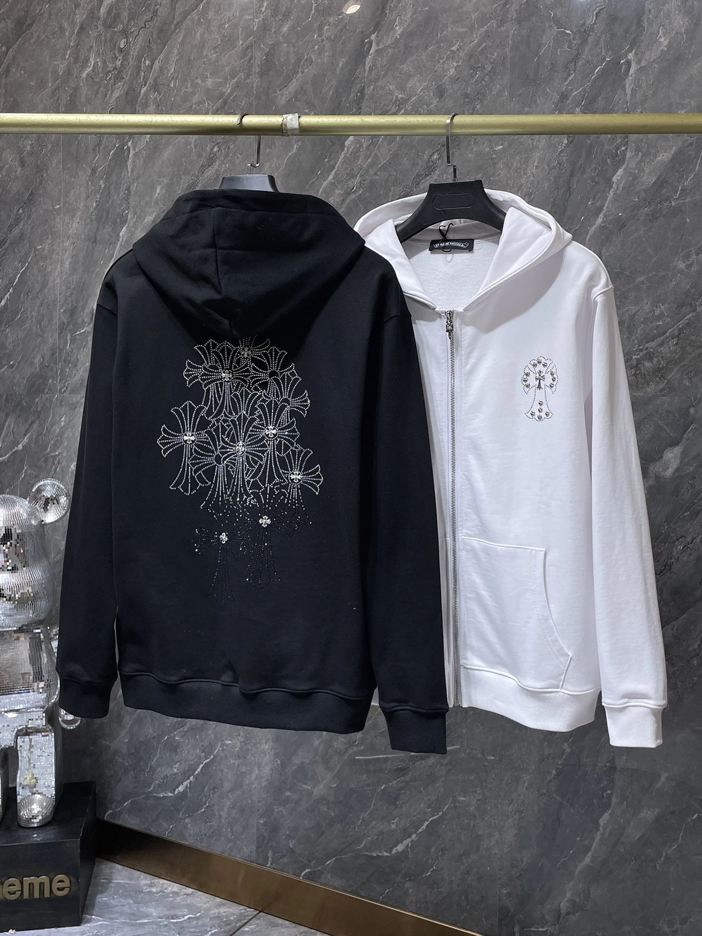 Design Hoodie White with Red Sleeve Logos - 97