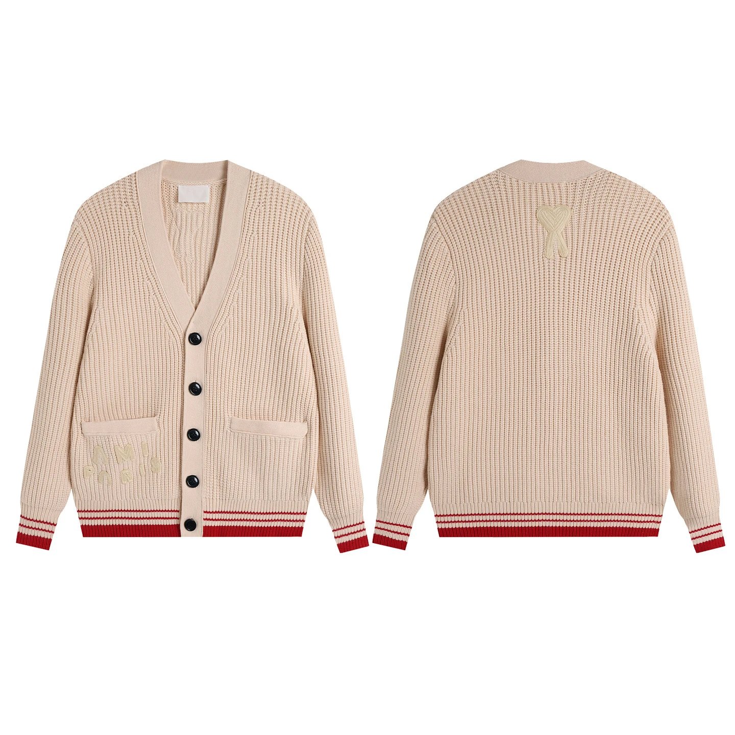AMI Paris V-Neck Knit Sweater Beige with Red Trim - 6