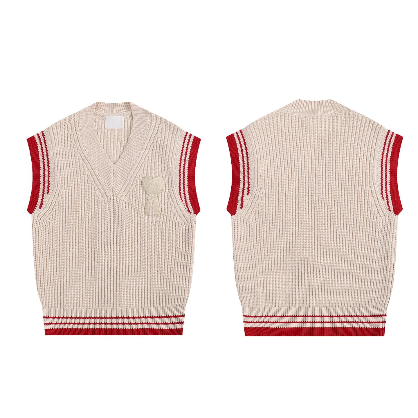 AMI Paris V-Neck Knit Sweater Beige with Red Trim - 4