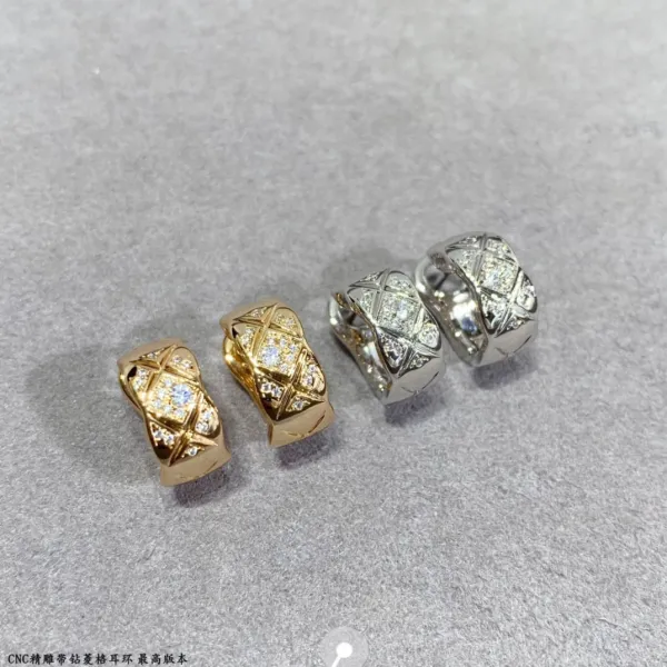 Design CNC Diamond-Set Quilted Hoop Earrings in Gold and Silver Jewelry - 1