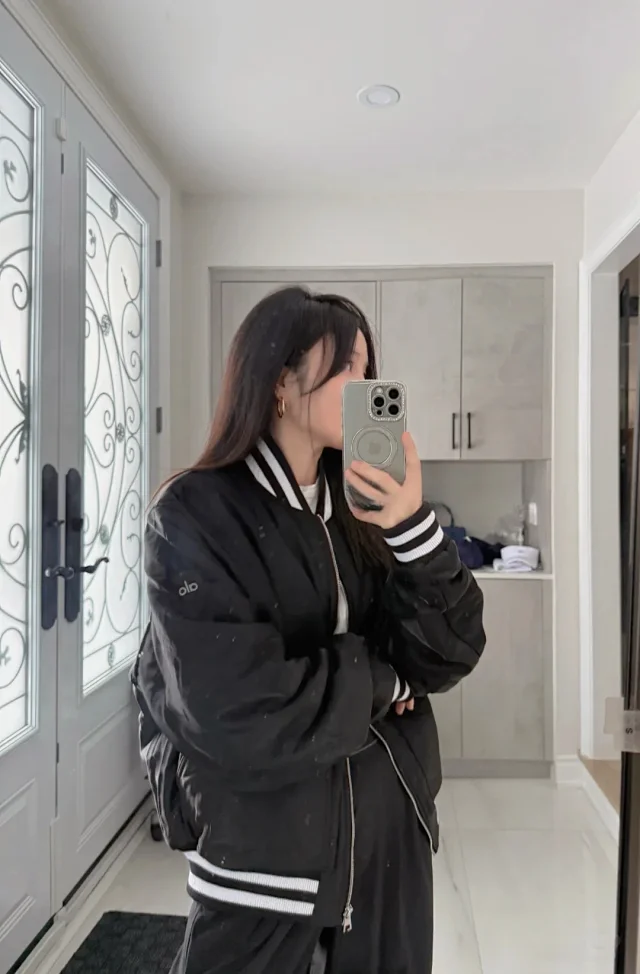 Alo Jackets Padded satin bomber jacket with striped rib-knit trim product detail image 5