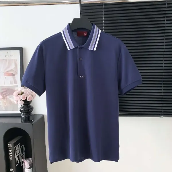 Design JCCI Striped Collar Polo Navy Blue Tops Polo - 1