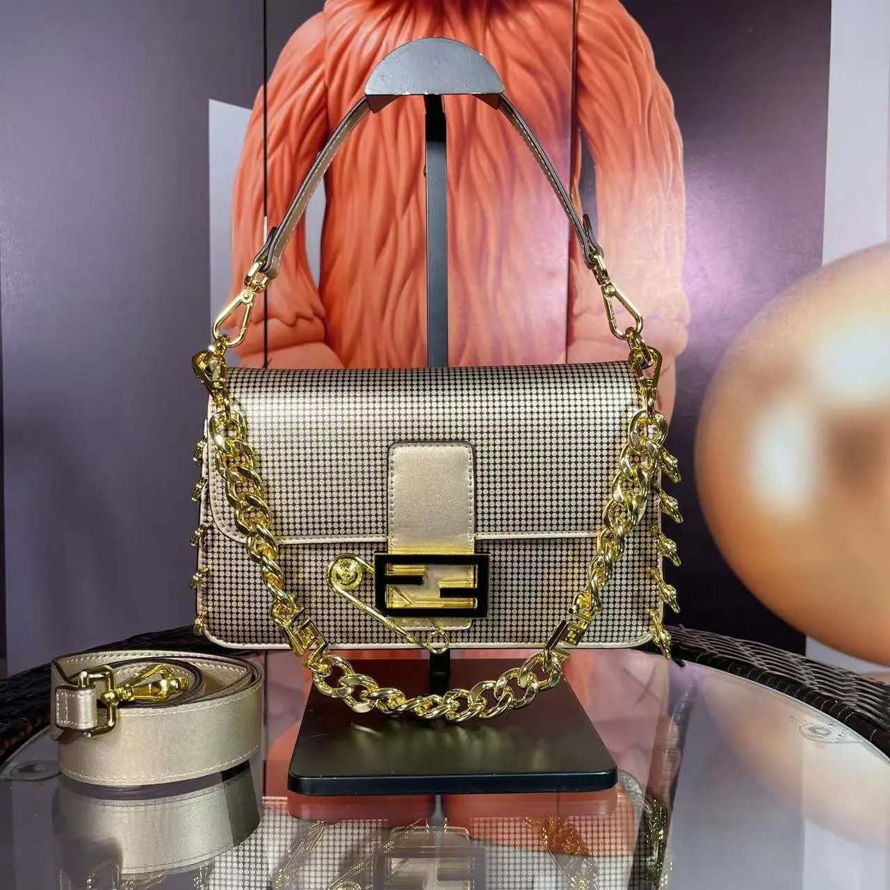 Fendi Baguette Mini Houndstooth Silver Chain Shoulder Bag - 6