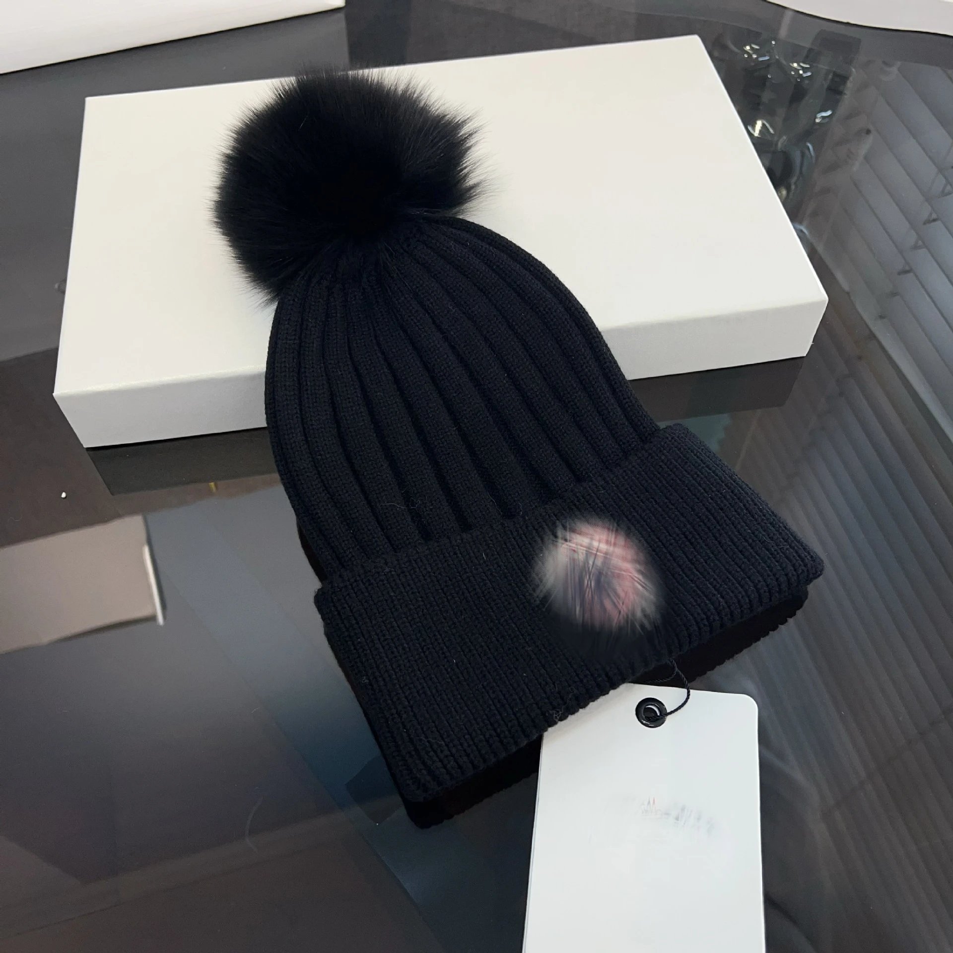 Design Two-Tone Ribbed Beanie with Fox Fur Pom-Pom Black / Gray Hat - 3