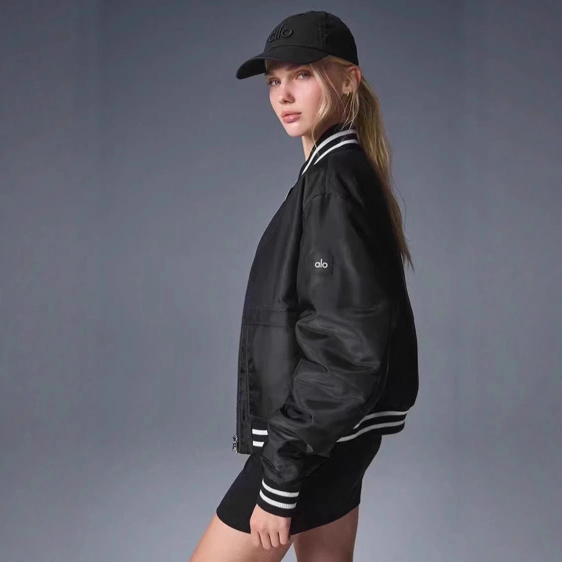 Alo Jackets Padded satin bomber jacket with striped rib-knit trim image 2