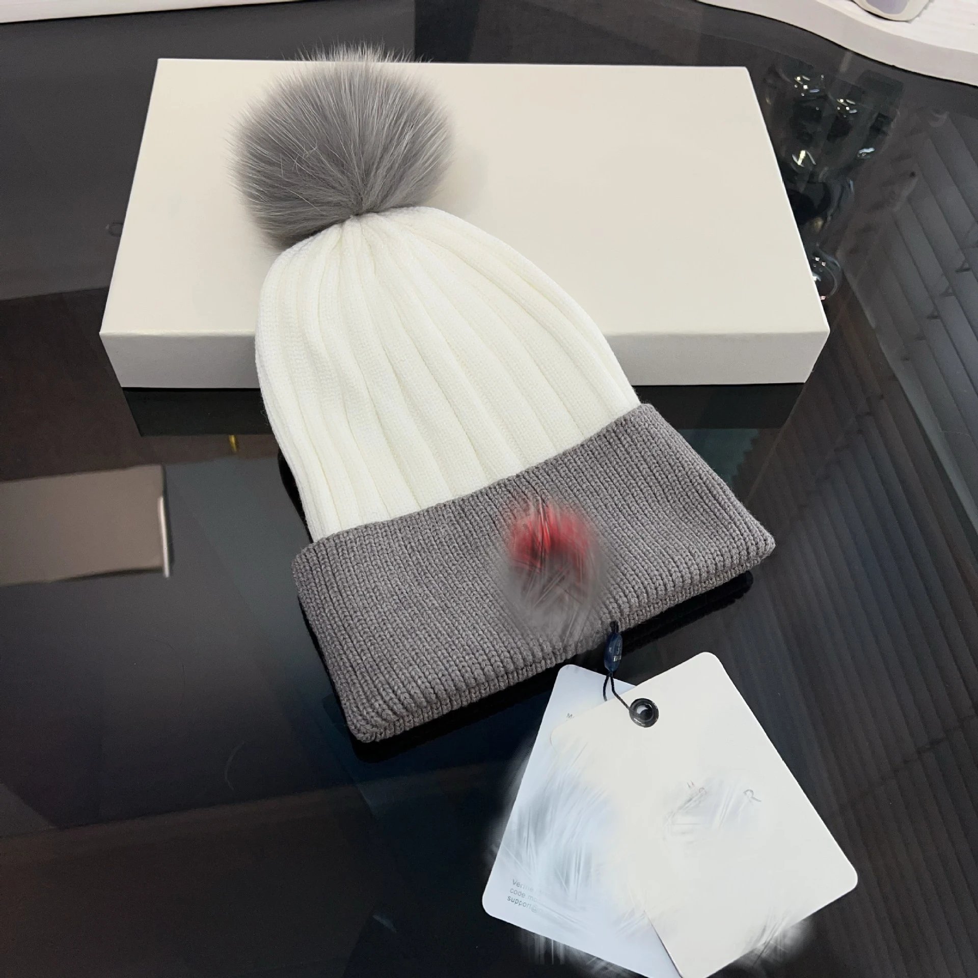 Design Two-Tone Ribbed Beanie with Fox Fur Pom-Pom Black / Gray Hat - 4