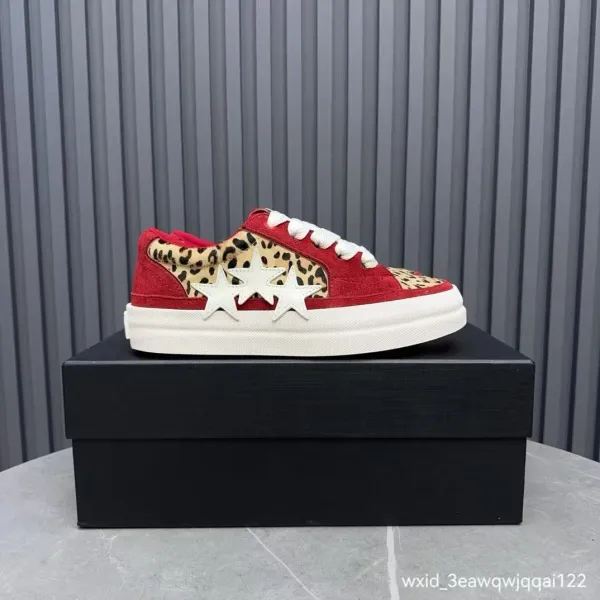 Design Leopard Print Star-Embellished Red Suede Sneakers - 1