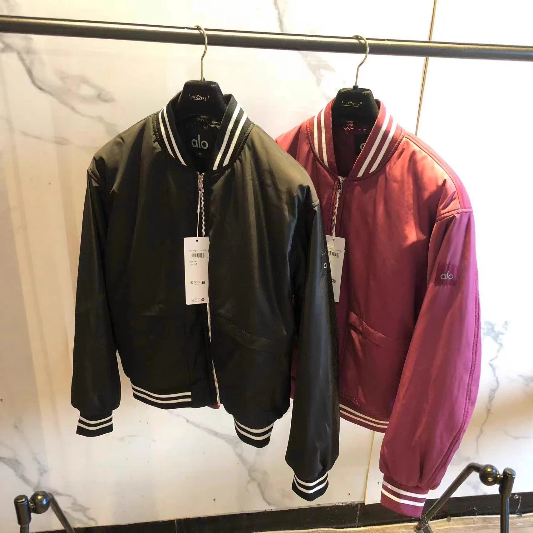 Alo Jackets Padded satin bomber jacket with striped rib-knit trim image 5