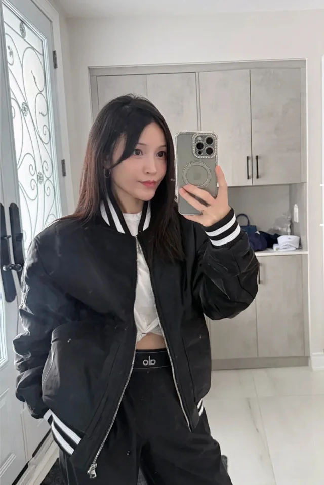 Alo Jackets Padded satin bomber jacket with striped rib-knit trim product detail image 4