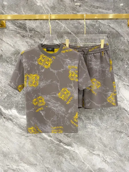 Balenciaga BB Marble Print T-Shirt and Shorts Set Gray Yellow - 1
