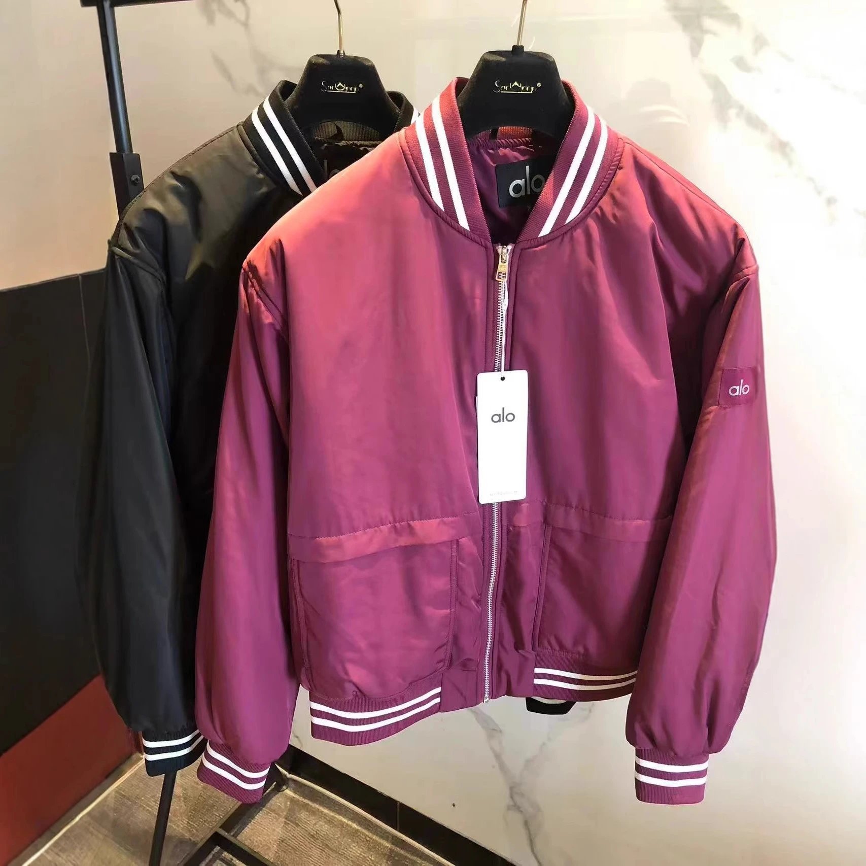 Alo Jackets Padded satin bomber jacket with striped rib-knit trim image 4