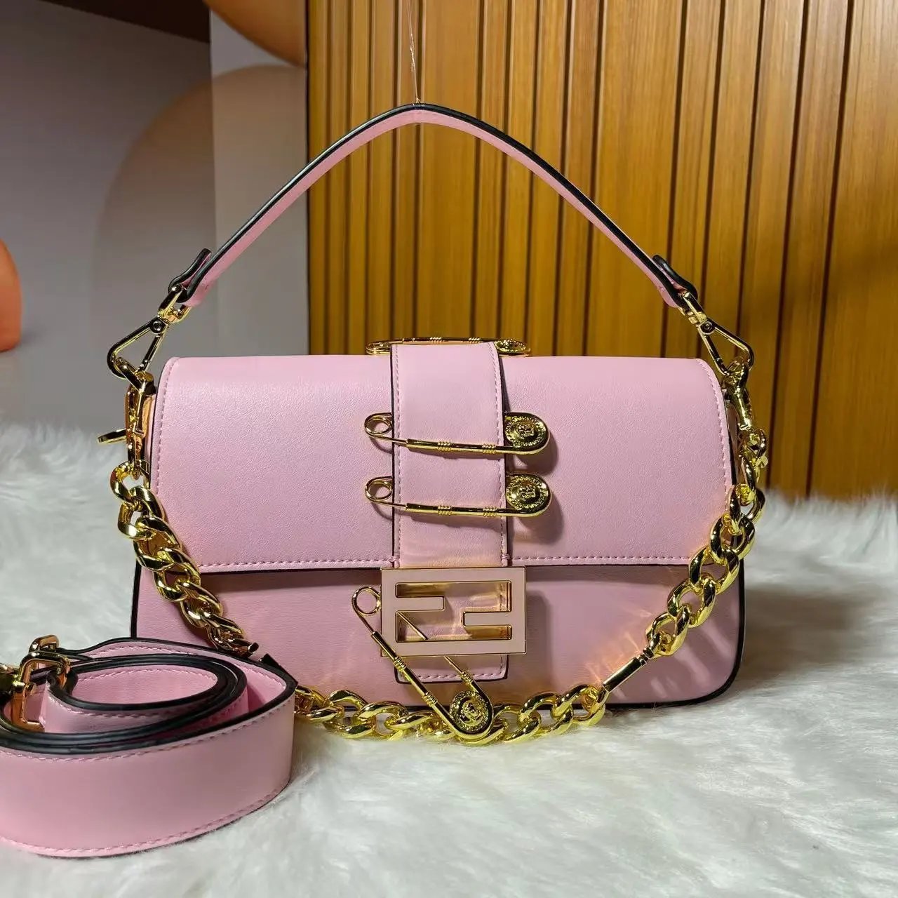 Fendi Baguette Mini Houndstooth Silver Chain Shoulder Bag - 5