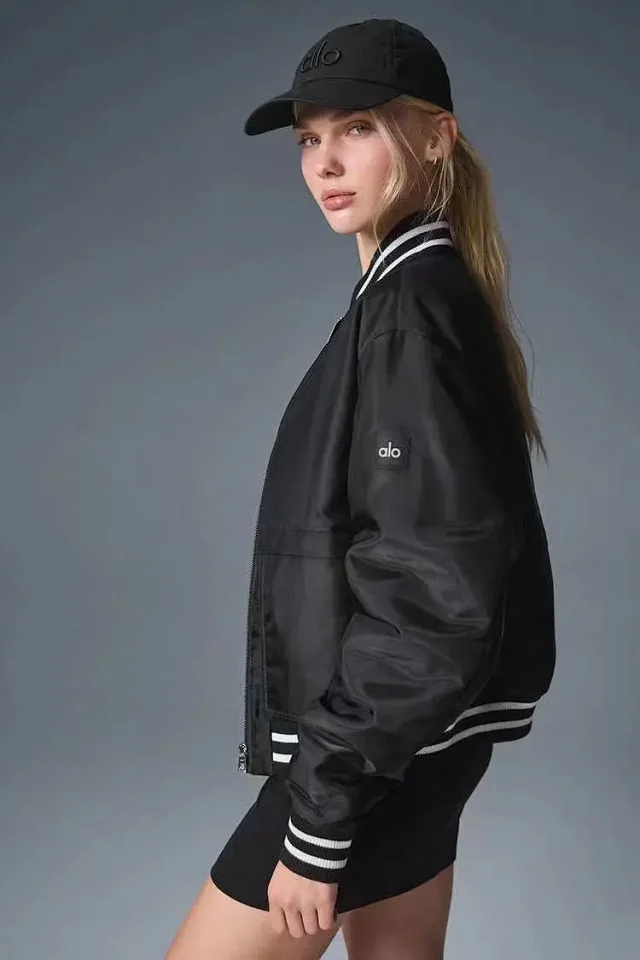 Alo Jackets Padded satin bomber jacket with striped rib-knit trim product detail image 2