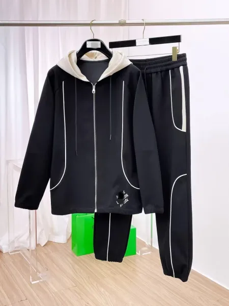 Design Contrast-Trim Hooded Tracksuit Set Black - 1