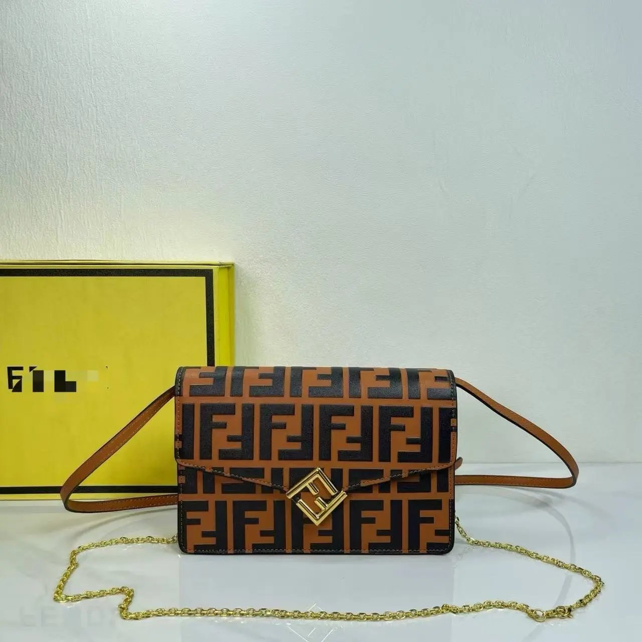 Fendi FF Logo Clutch in Burgundy with Gold Chain Strap Clutches - 3