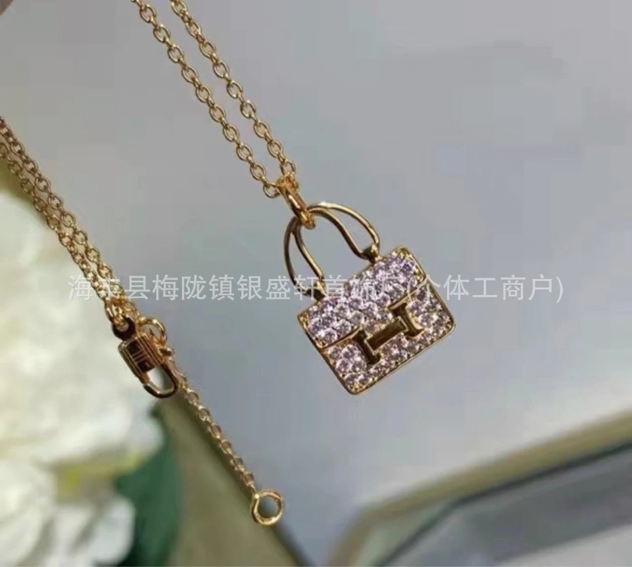 Design Mini Bag Pendant Necklace Rose Gold Pink Crystal Jewelry - 5