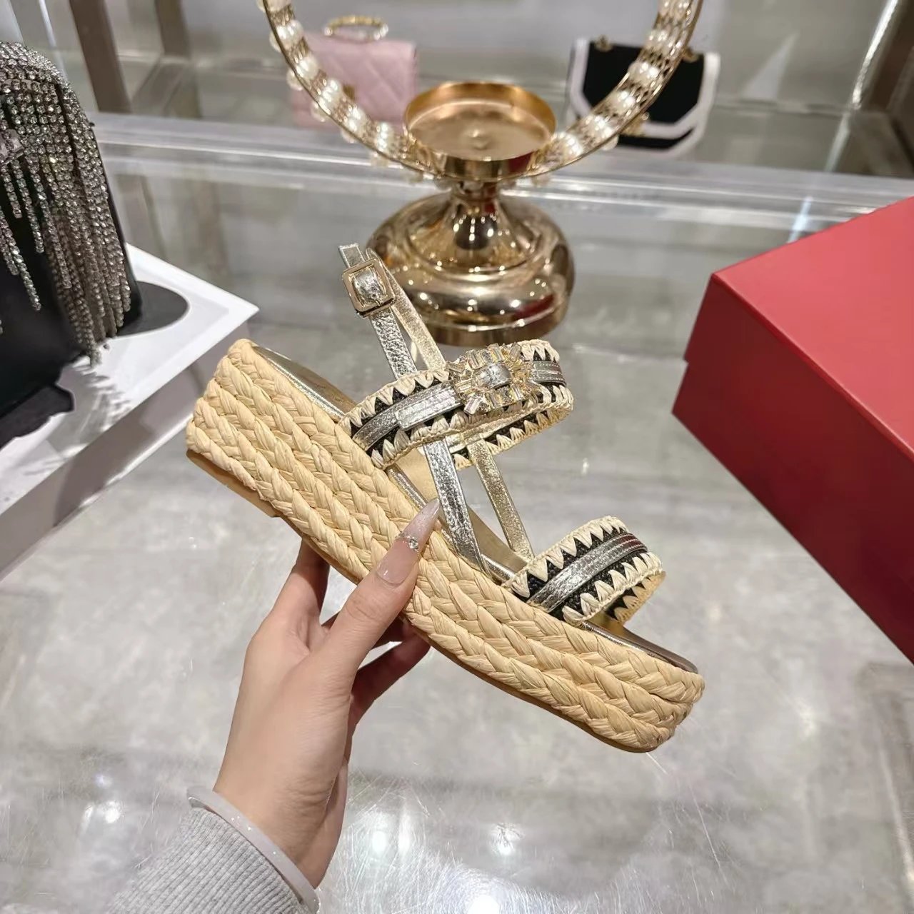 Design Woven Raffia Platform Sandals Gold Beige - 5