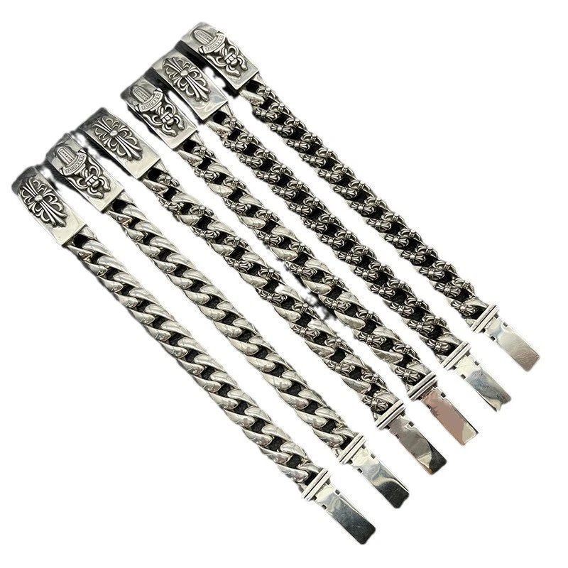 Chrome Hearts Cross Pendant Curb Chain Bracelets Silver Jewelry - 6