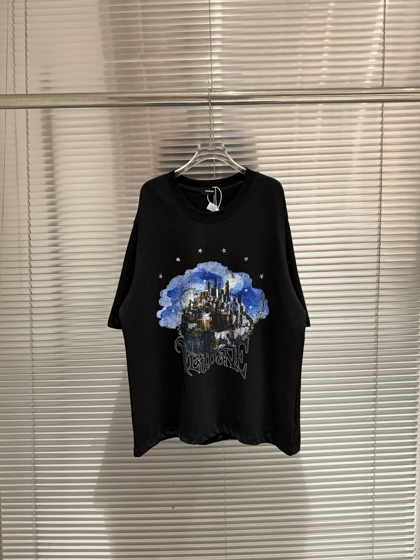 Design Wetdone Cityscape Cloud Print Black Oversized T-Shirt T-Shirts - 14