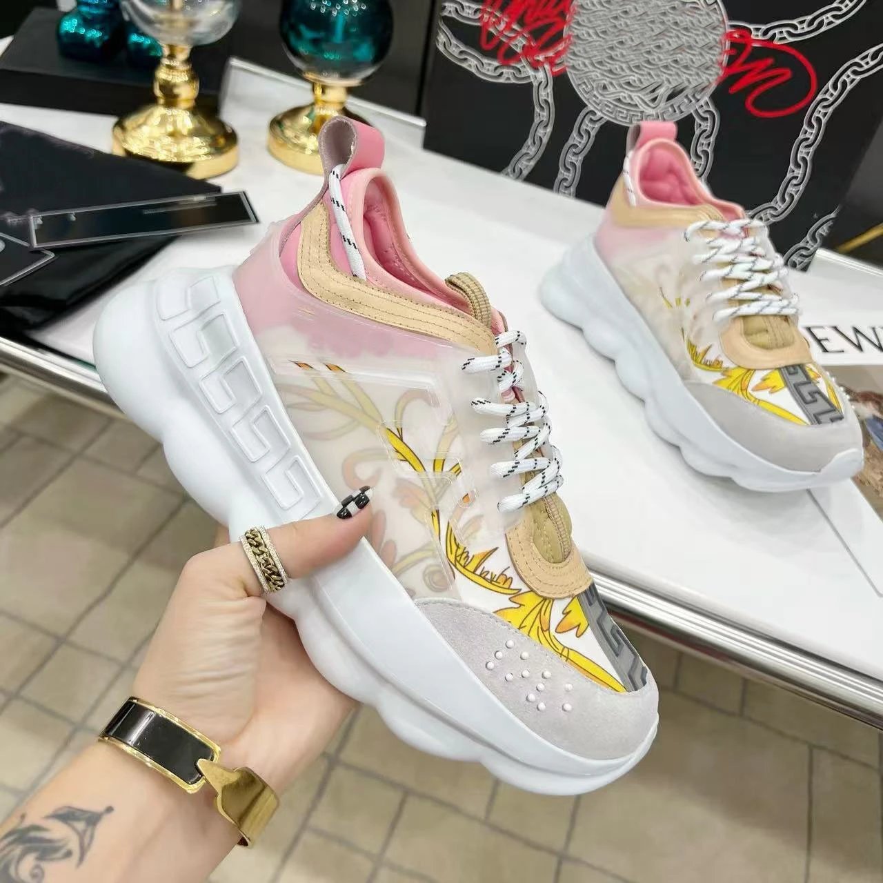 Versace Chain Reaction Blue and Yellow Baroque Print Chunky Sneakers - 11