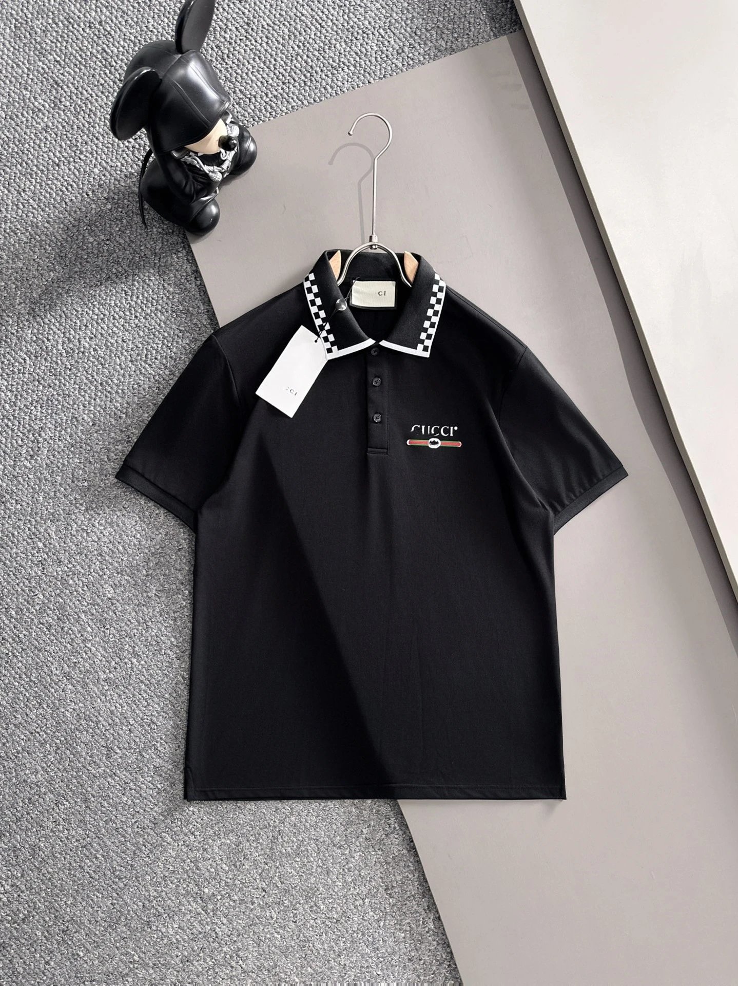 Gucci Checkered Collar Polo Black Polo Shirt - 1