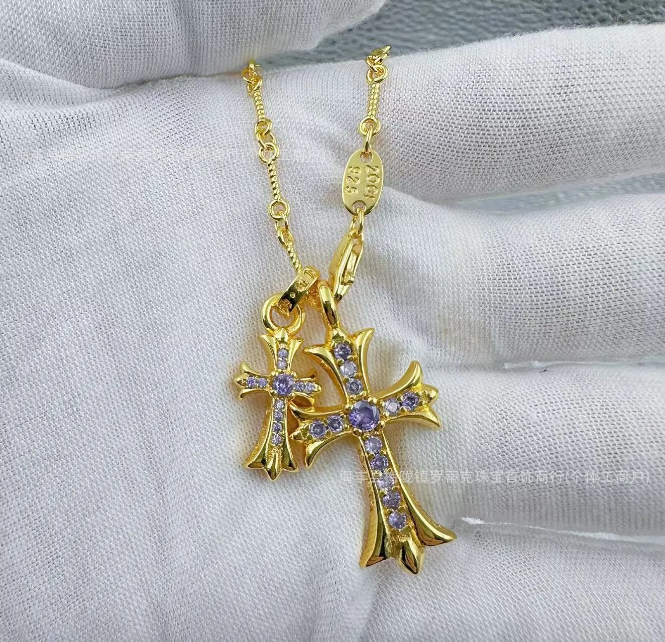Chrome Hearts Double Cross Pendant Necklace Gold Jewelry - 17