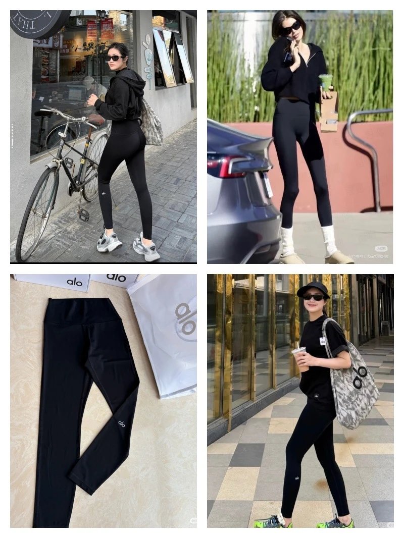 Alo Yoga Cropped Hoodie Black + High-Waisted Leggings Black + Chunky Sneakers Gray - 3