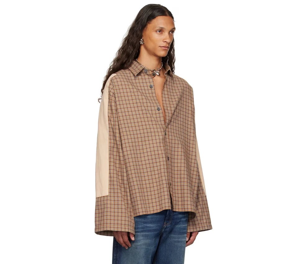 Acne Studios Plaid Shirt with Contrast Sleeves Red Beige - 9