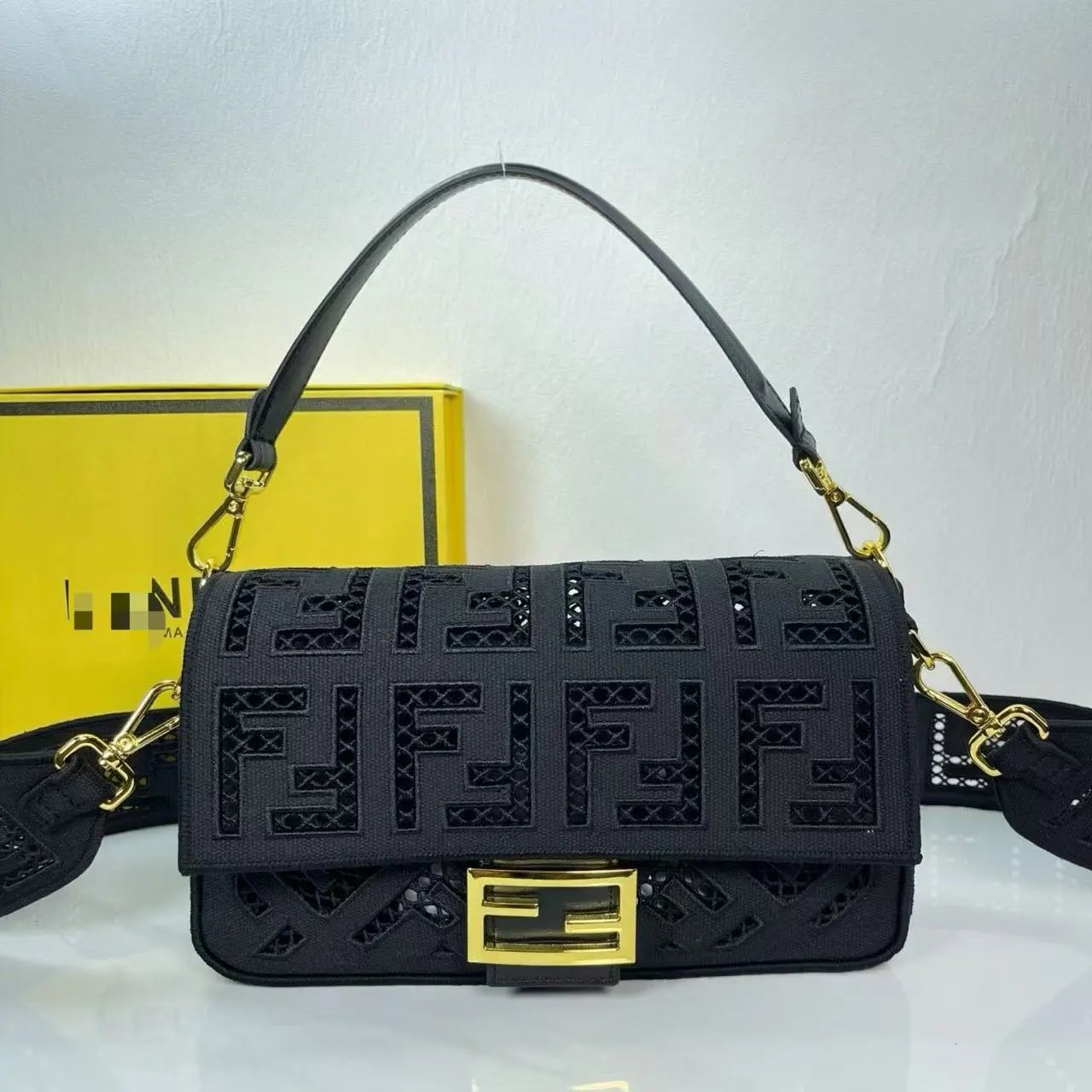 Fendi Baguette Cut-Out FF Yellow Canvas Shoulder Bag - 2