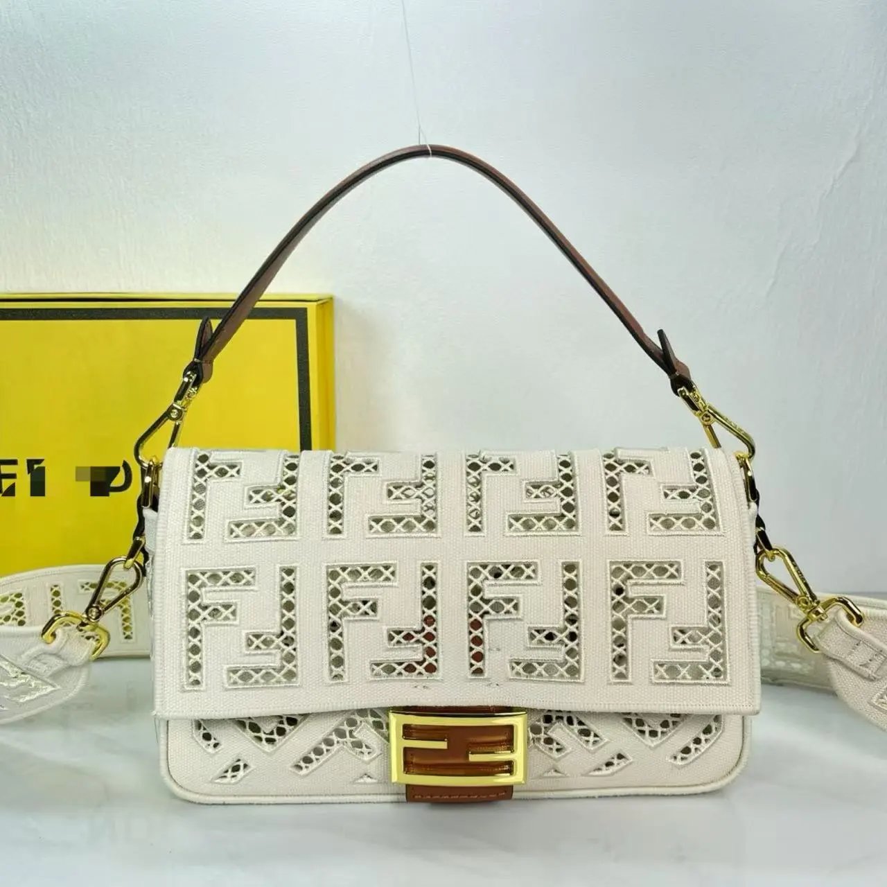 Fendi Baguette Cut-Out FF Yellow Canvas Shoulder Bag - 4