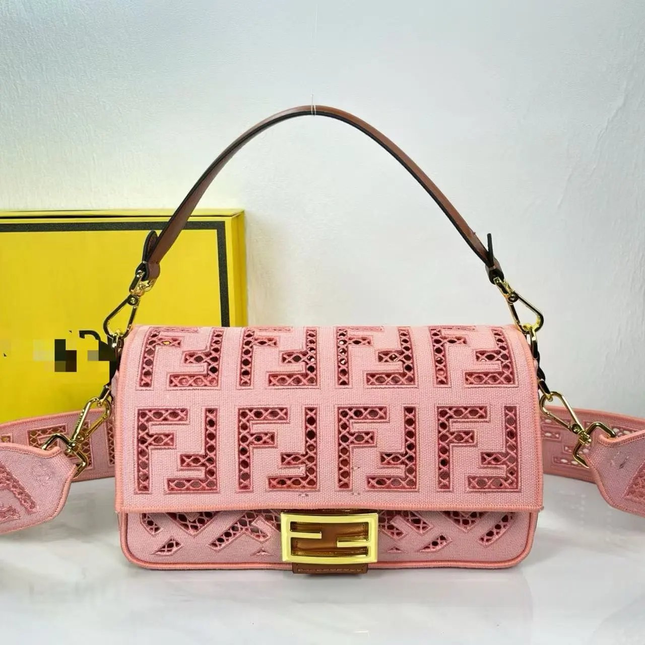 Fendi Baguette Cut-Out FF Yellow Canvas Shoulder Bag - 3