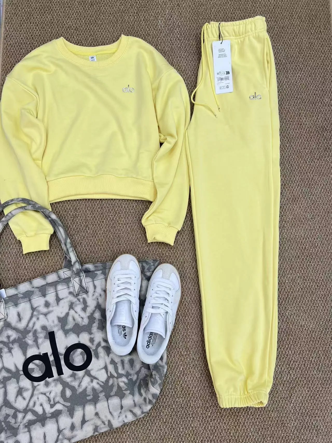 Alo Yoga Cropped Sweatshirt and Joggers Set Sky Blue Activewear Set - 13