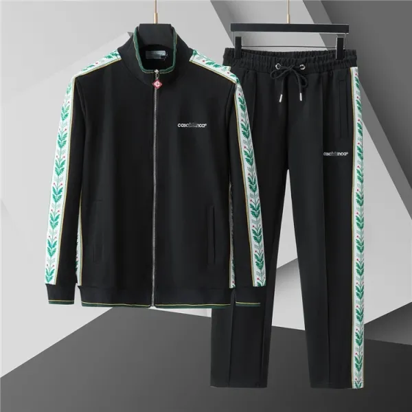 Casablanca Track Jacket and Sweatpants Set Black with Green Leaf Tape Tracksuit - 1